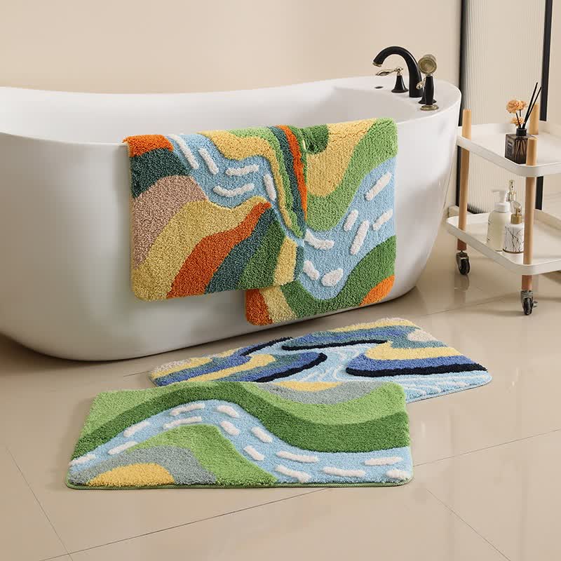 Mountain River Inspired Non-Slip Bath Mat | Quick-Dry Plush Microfiber Bathroom Rug | Absorbent Washable Polyester Bath Carpet | Nature Design