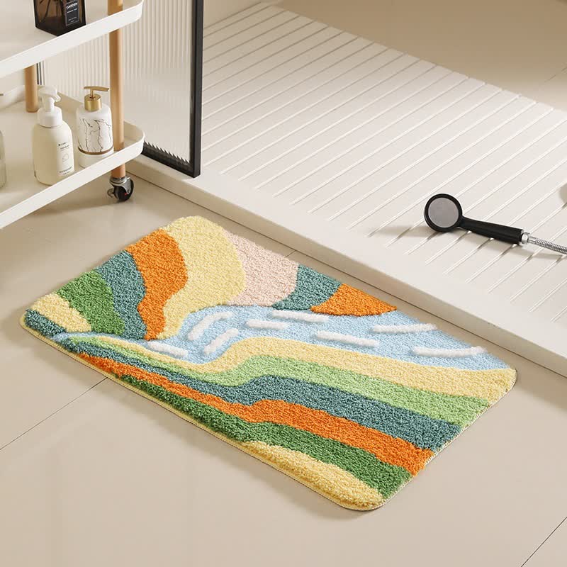 Mountain River Inspired Non-Slip Bath Mat | Quick-Dry Plush Microfiber Bathroom Rug | Absorbent Washable Polyester Bath Carpet | Nature Design