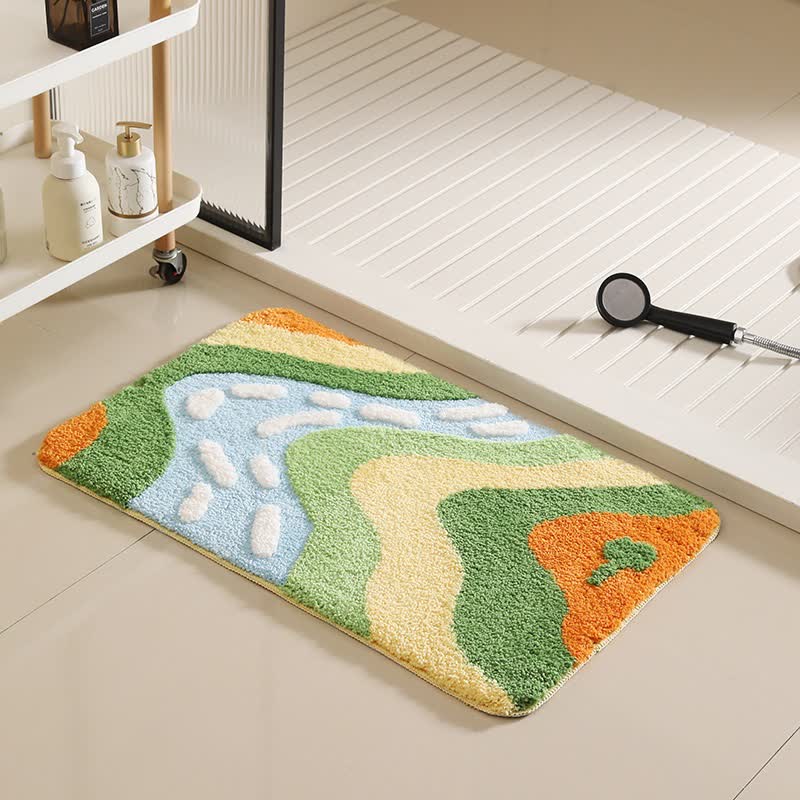 Mountain River Inspired Non-Slip Bath Mat | Quick-Dry Plush Microfiber Bathroom Rug | Absorbent Washable Polyester Bath Carpet | Nature Design