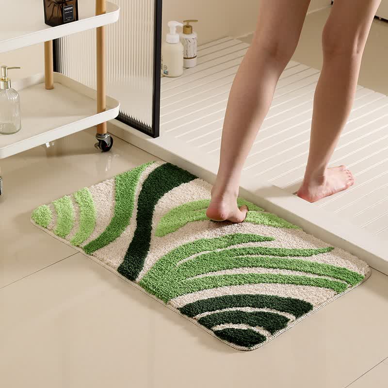 Green Botanical Non-Slip Bath Mat | Soft Quick-Dry Microfiber Bathroom Rug | Absorbent Floral & Leaf Floor Mat