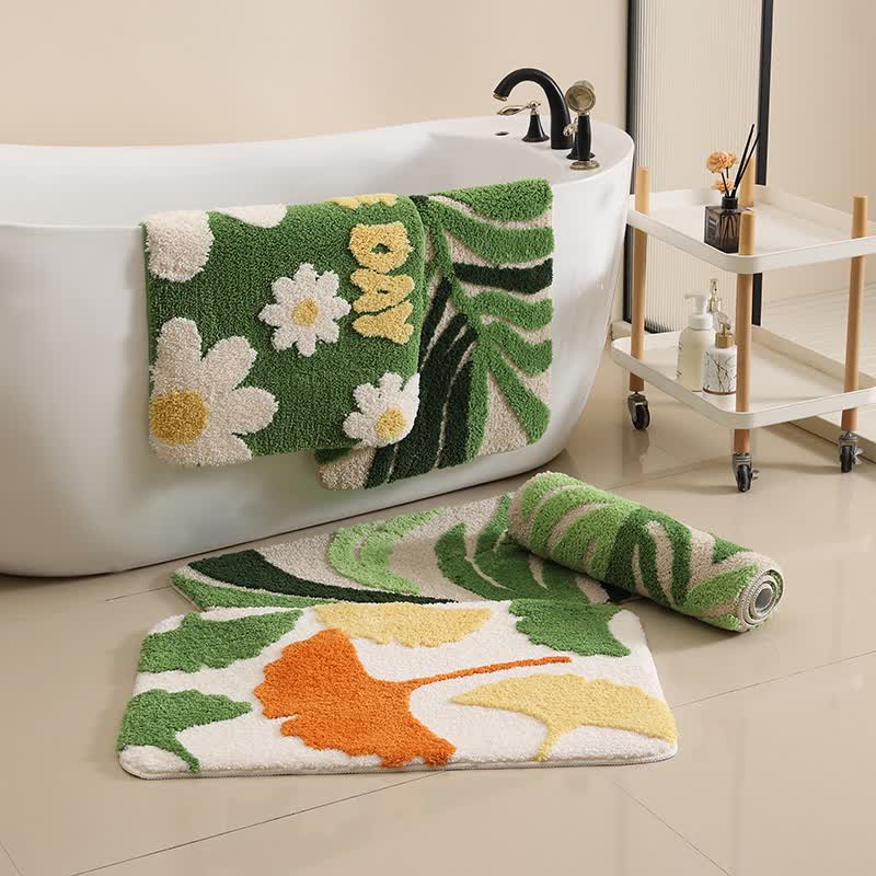 Green Botanical Non-Slip Bath Mat | Soft Quick-Dry Microfiber Bathroom Rug | Absorbent Floral & Leaf Floor Mat
