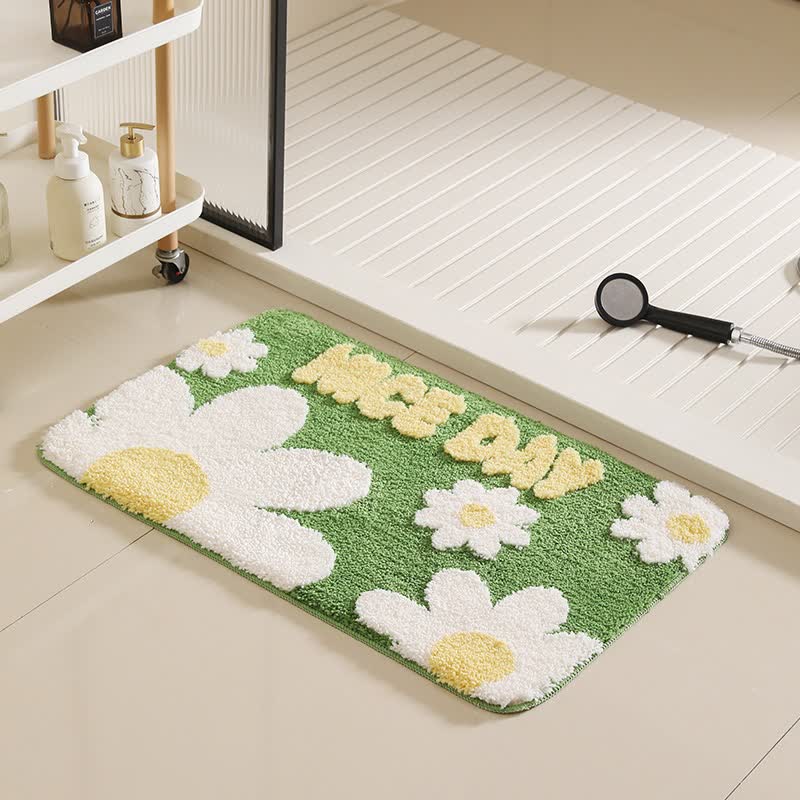 Green Botanical Non-Slip Bath Mat | Soft Quick-Dry Microfiber Bathroom Rug | Absorbent Floral & Leaf Floor Mat