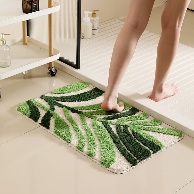 Green Botanical Non-Slip Bath Mat | Soft Quick-Dry Microfiber Bathroom Rug | Absorbent Floral & Leaf Floor Mat