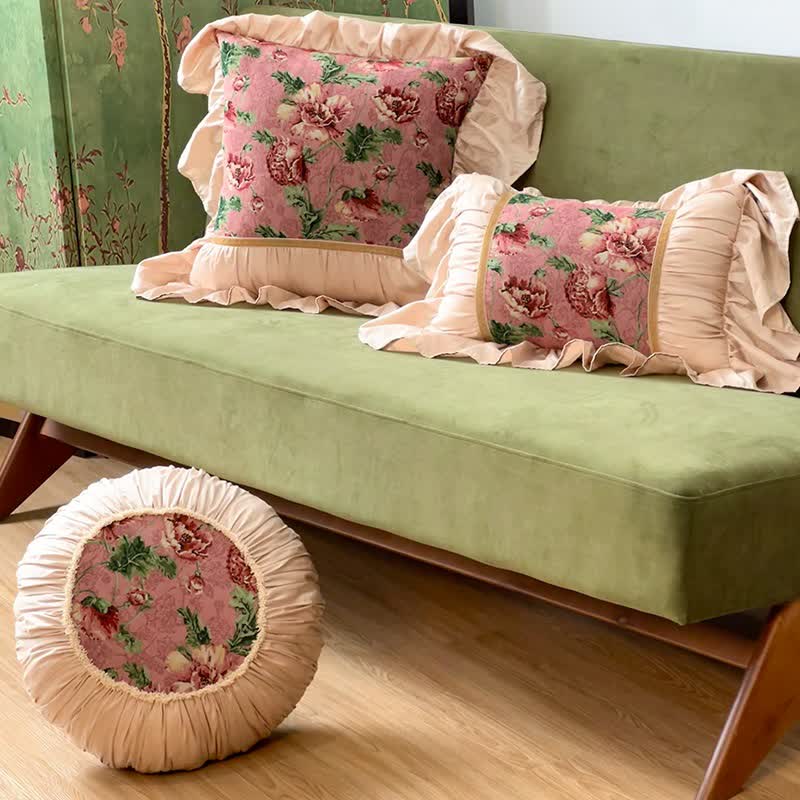 Floral Throw Pillow with Ruffled Edge | French Vintage Decorative Cushion | Soft Polyester PP Cotton Pillow | Sofa, Bed & Chair Accent