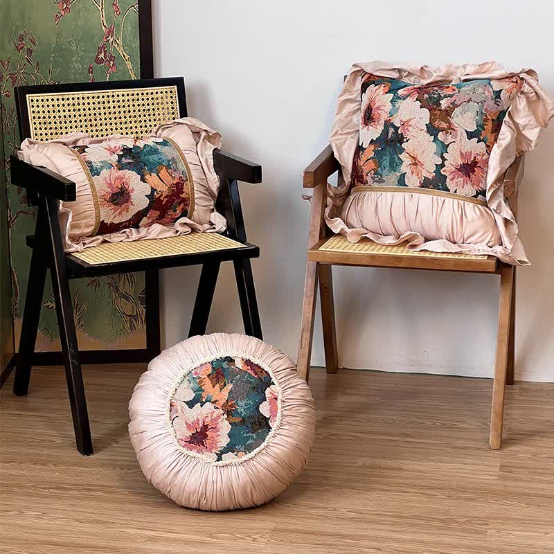 Poppy Floral Throw Pillow with Ruffled Edge | French-Inspired Decorative Cushion | Soft Polyester Cushion with Polypropylene Cotton Filling | Sofa, Bed & Living Room Accent
