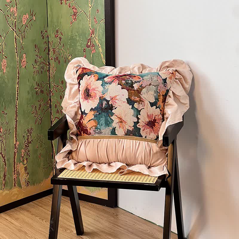 Poppy Floral Throw Pillow with Ruffled Edge | French-Inspired Decorative Cushion | Soft Polyester Cushion with Polypropylene Cotton Filling | Sofa, Bed & Living Room Accent
