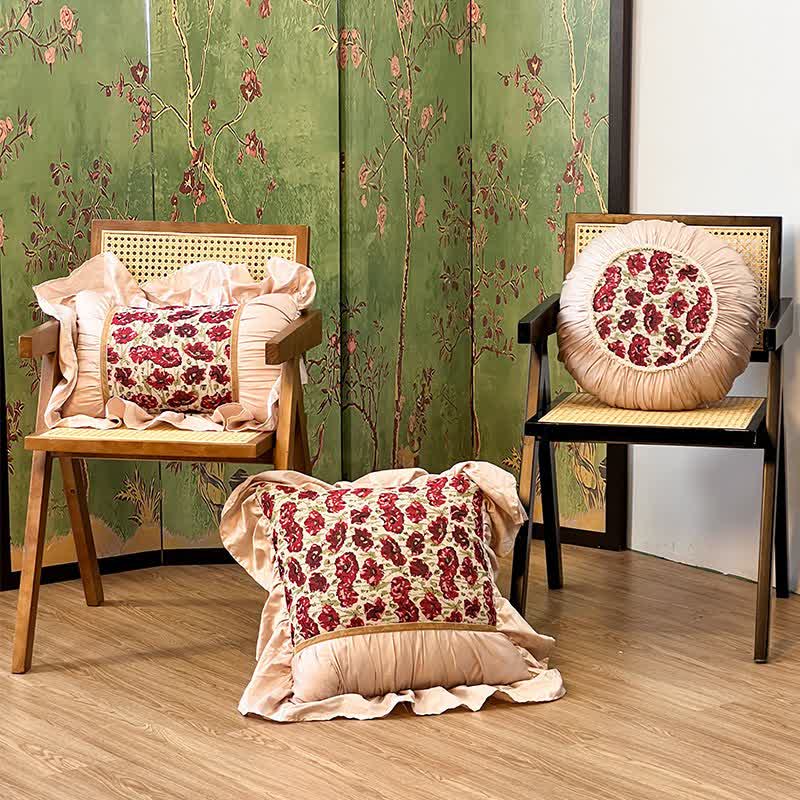 Elegant Floral Ruffled Throw Pillow for Sofa & Bed | Red Floral Decorative Cushion | Country Style Accent Pillow