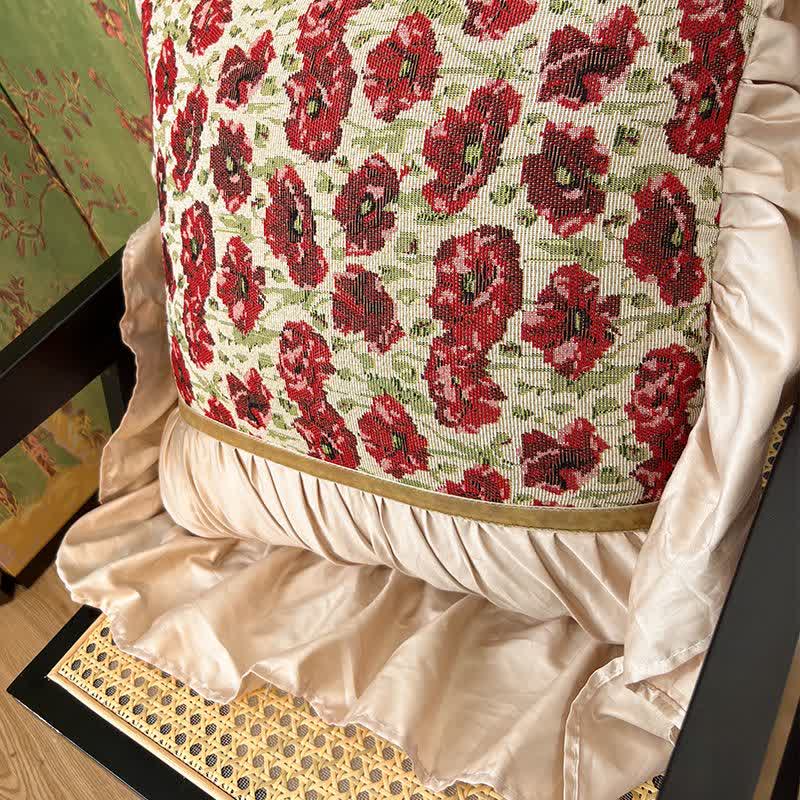 Elegant Floral Ruffled Throw Pillow for Sofa & Bed | Red Floral Decorative Cushion | Country Style Accent Pillow