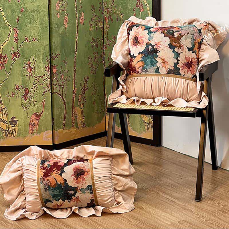 Poppy Floral Throw Pillow with Ruffled Edge | French-Inspired Decorative Cushion | Soft Polyester Cushion with Polypropylene Cotton Filling | Sofa, Bed & Living Room Accent