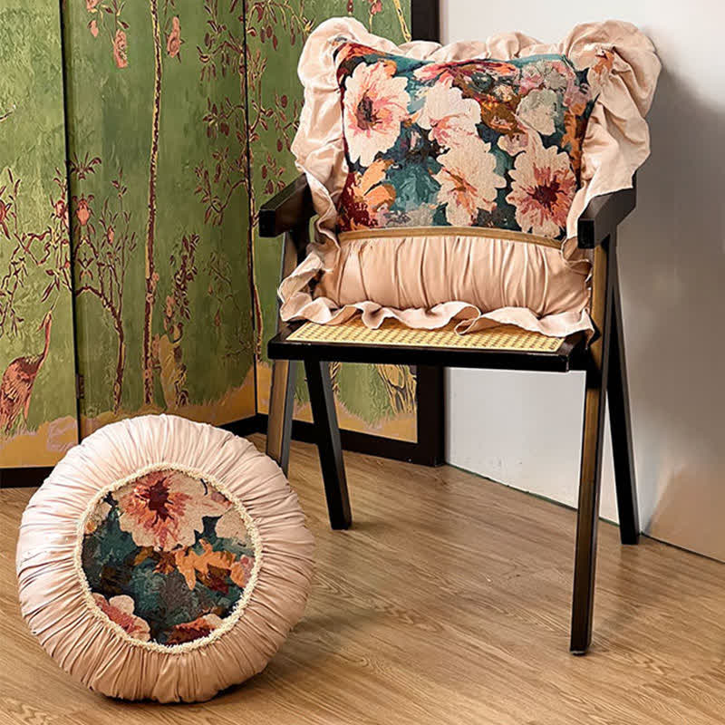Poppy Floral Throw Pillow with Ruffled Edge | French-Inspired Decorative Cushion | Soft Polyester Cushion with Polypropylene Cotton Filling | Sofa, Bed & Living Room Accent