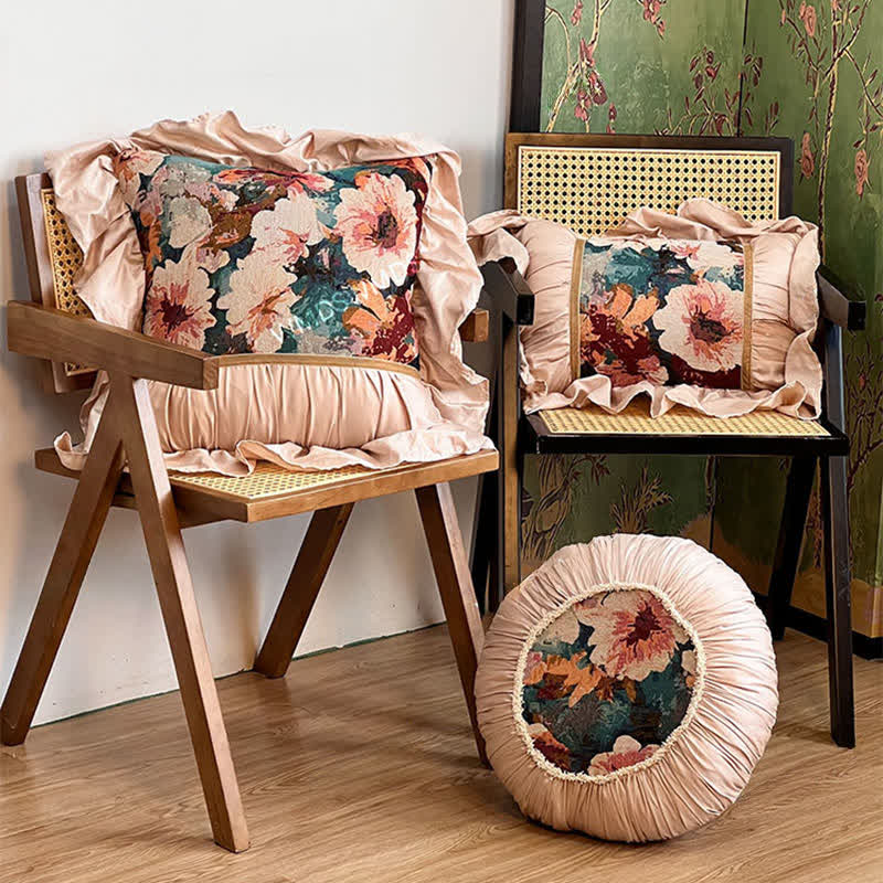 Poppy Floral Throw Pillow with Ruffled Edge | French-Inspired Decorative Cushion | Soft Polyester Cushion with Polypropylene Cotton Filling | Sofa, Bed & Living Room Accent