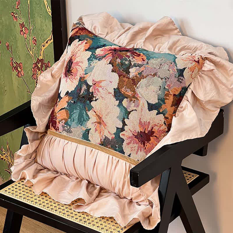 Poppy Floral Throw Pillow with Ruffled Edge | French-Inspired Decorative Cushion | Soft Polyester Cushion with Polypropylene Cotton Filling | Sofa, Bed & Living Room Accent