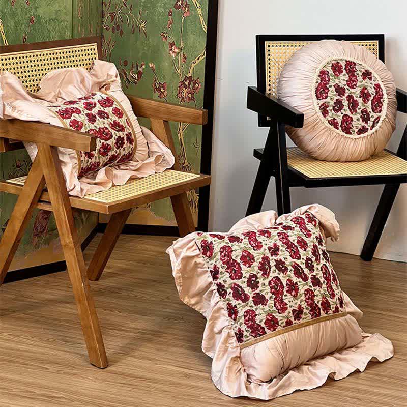 Elegant Floral Ruffled Throw Pillow for Sofa & Bed | Red Floral Decorative Cushion | Country Style Accent Pillow