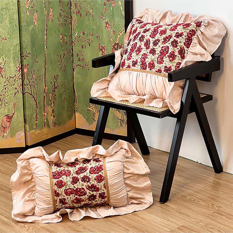 Elegant Floral Ruffled Throw Pillow for Sofa & Bed | Red Floral Decorative Cushion | Country Style Accent Pillow