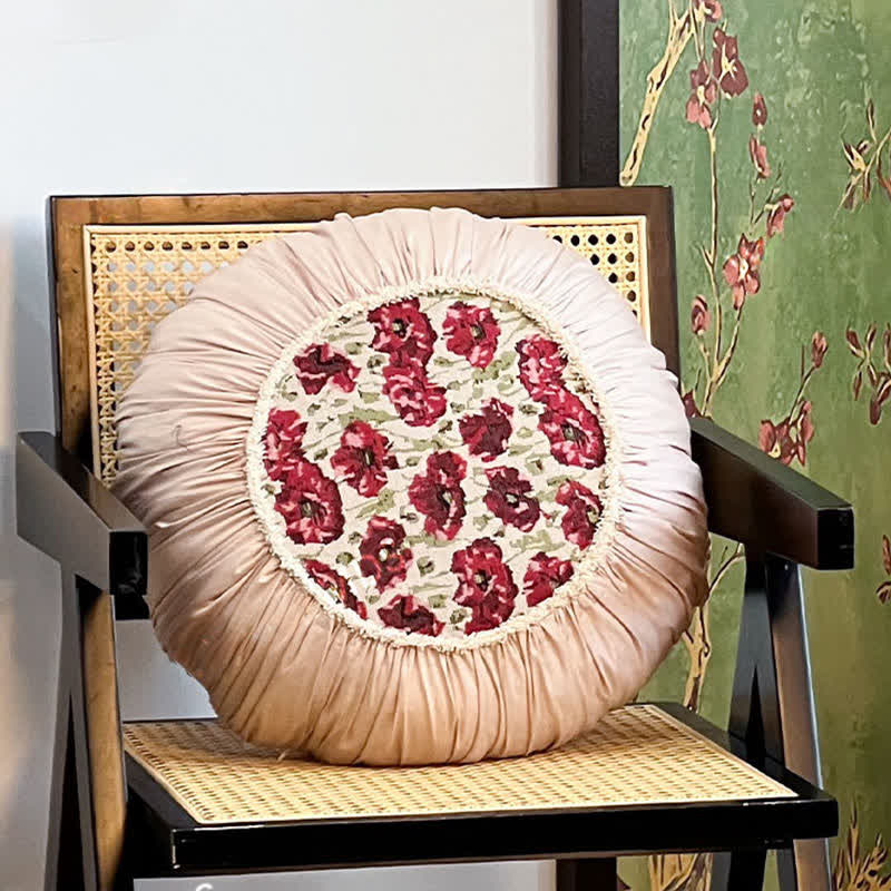 Elegant Floral Ruffled Throw Pillow for Sofa & Bed | Red Floral Decorative Cushion | Country Style Accent Pillow