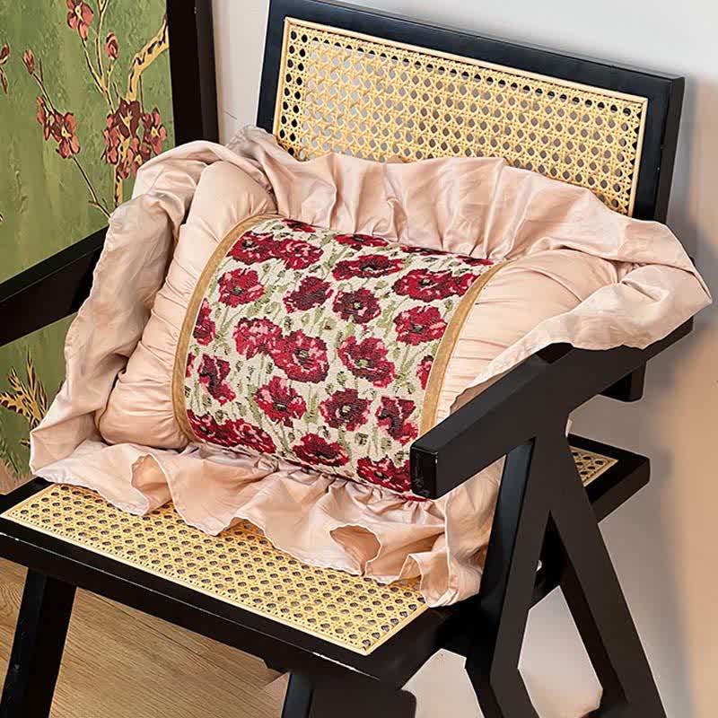 Elegant Floral Ruffled Throw Pillow for Sofa & Bed | Red Floral Decorative Cushion | Country Style Accent Pillow