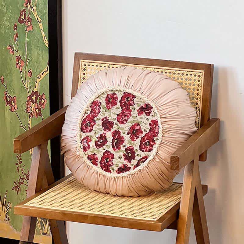 Elegant Floral Ruffled Throw Pillow for Sofa & Bed | Red Floral Decorative Cushion | Country Style Accent Pillow