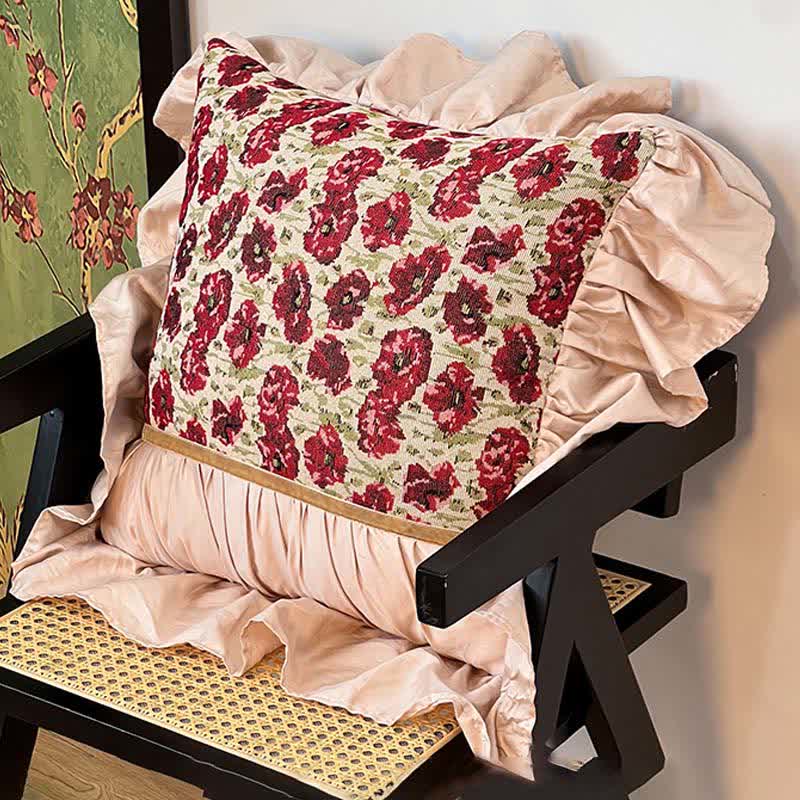 Elegant Floral Ruffled Throw Pillow for Sofa & Bed | Red Floral Decorative Cushion | Country Style Accent Pillow
