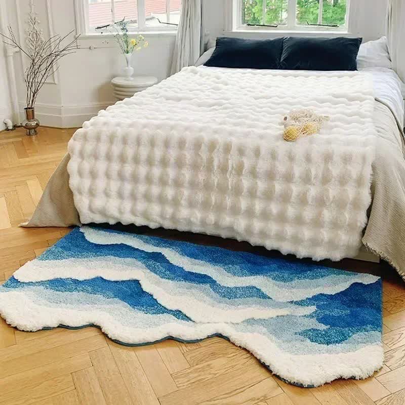 3D Ocean Tide Tufted Bath Rug | Quick Dry Absorbent Non-Slip Bathroom Mat | Wave Design Polyester Floor Rug