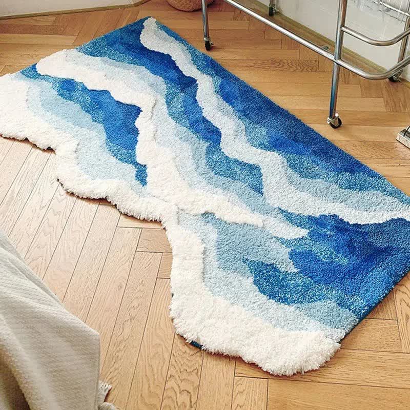 3D Ocean Tide Tufted Bath Rug | Quick Dry Absorbent Non-Slip Bathroom Mat | Wave Design Polyester Floor Rug
