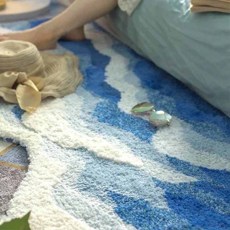 3D Ocean Tide Tufted Bath Rug | Quick Dry Absorbent Non-Slip Bathroom Mat | Wave Design Polyester Floor Rug