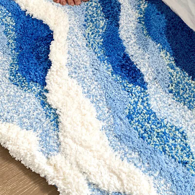 3D Ocean Tide Tufted Bath Rug | Quick Dry Absorbent Non-Slip Bathroom Mat | Wave Design Polyester Floor Rug