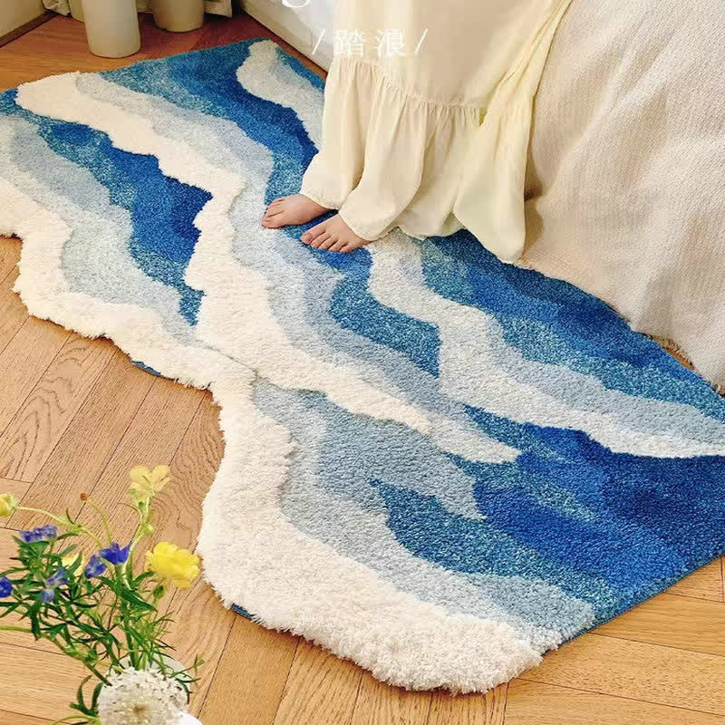 3D Ocean Tide Tufted Bath Rug | Quick Dry Absorbent Non-Slip Bathroom Mat | Wave Design Polyester Floor Rug