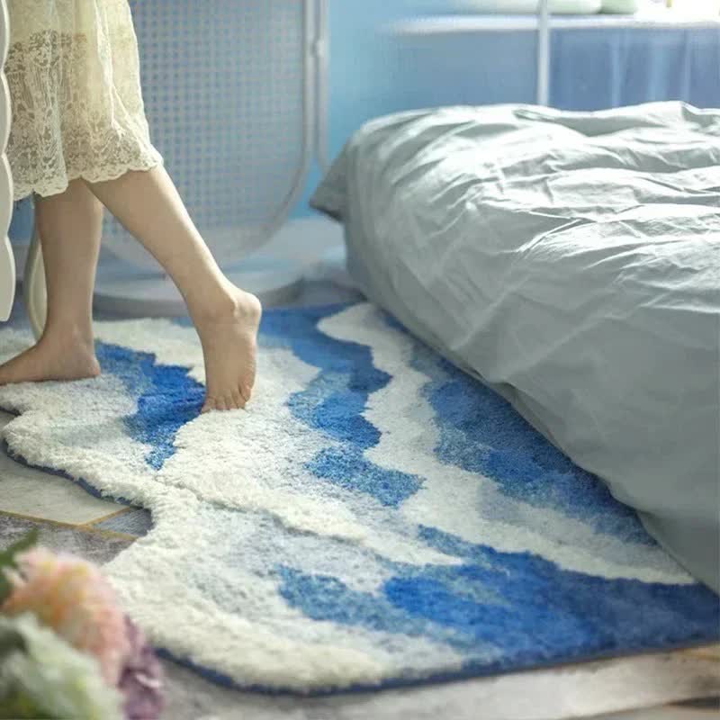 3D Ocean Tide Tufted Bath Rug | Quick Dry Absorbent Non-Slip Bathroom Mat | Wave Design Polyester Floor Rug