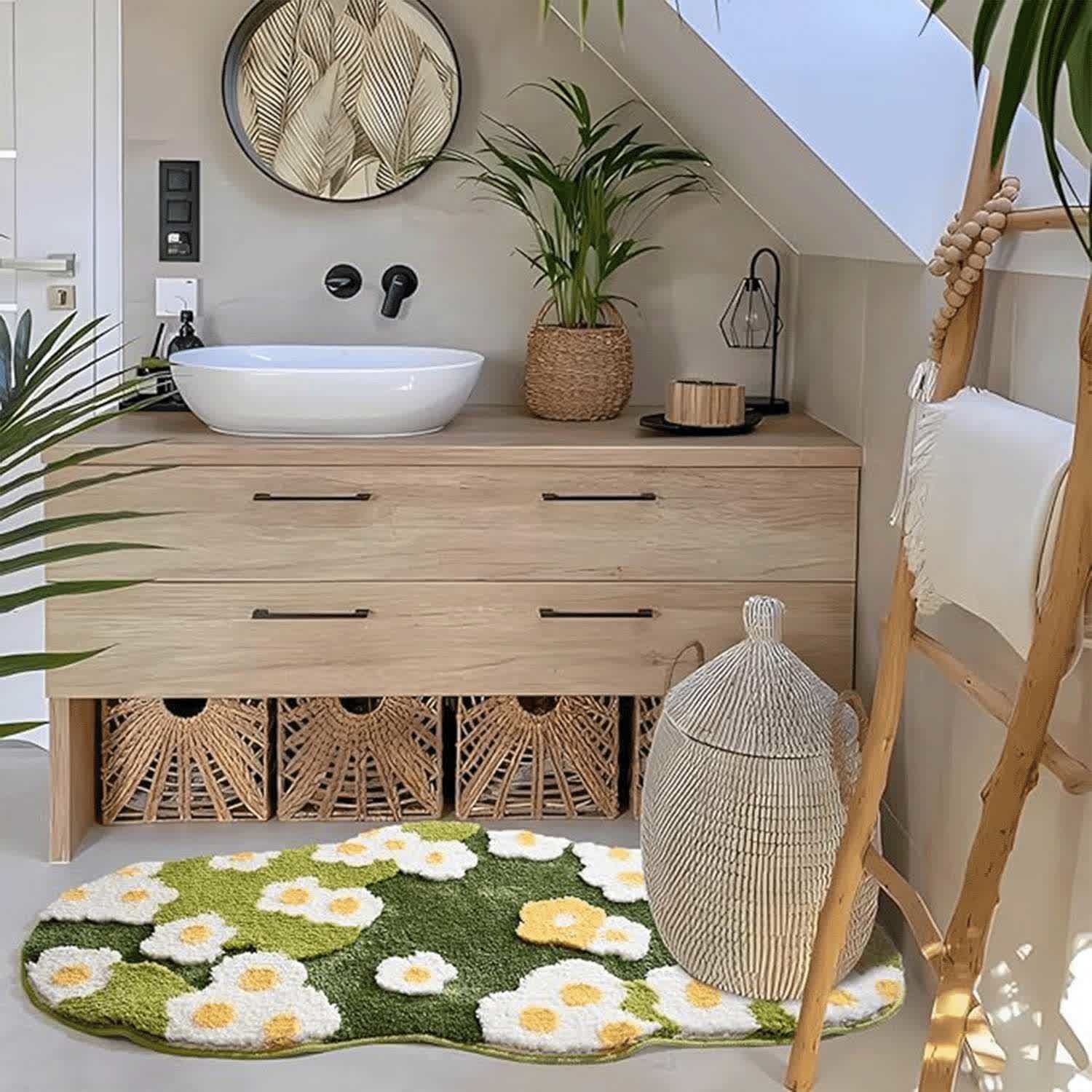Daisy Moss Style Bath Rug | Absorbent Quick-Dry Bathroom Mat | Soft Washable Polyester Bath Carpet | Rustic Nature-Inspired Bathroom Décor