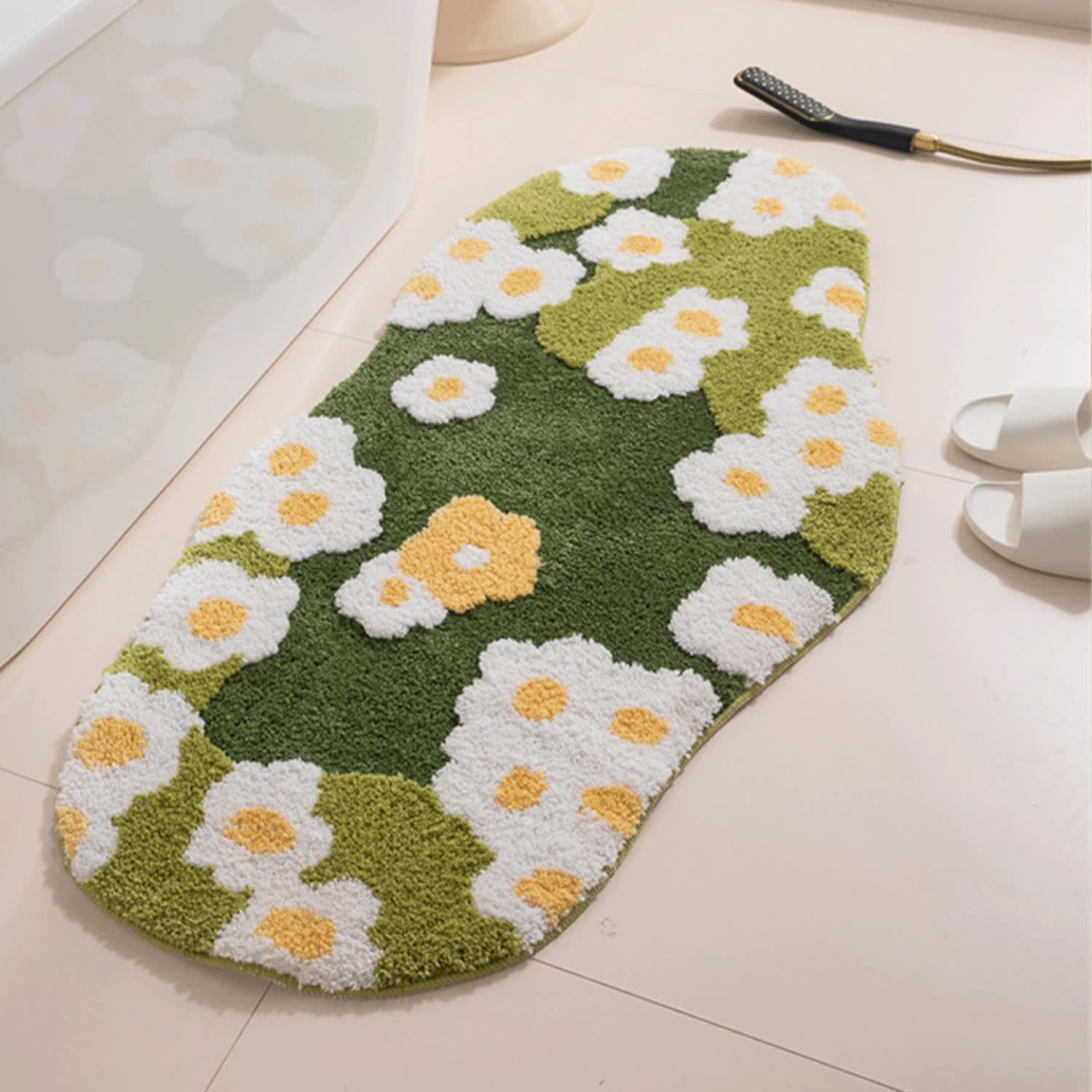 Daisy Moss Style Bath Rug | Absorbent Quick-Dry Bathroom Mat | Soft Washable Polyester Bath Carpet | Rustic Nature-Inspired Bathroom Décor