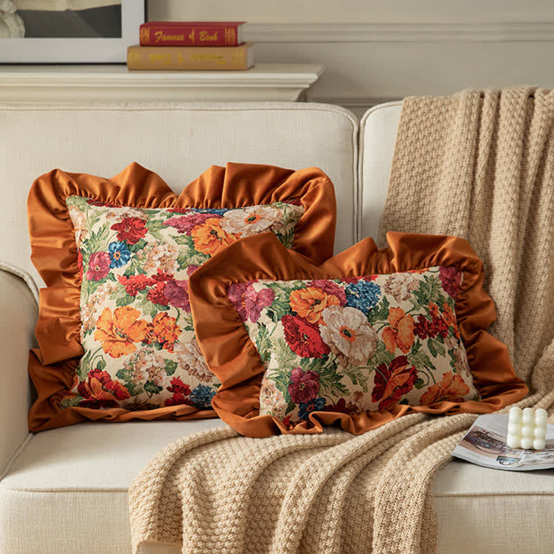 Country Style Floral Ruffled Throw Pillow for Sofa & Bed | Decorative Floral Cushion | Vintage Farmhouse Accent Pillow
