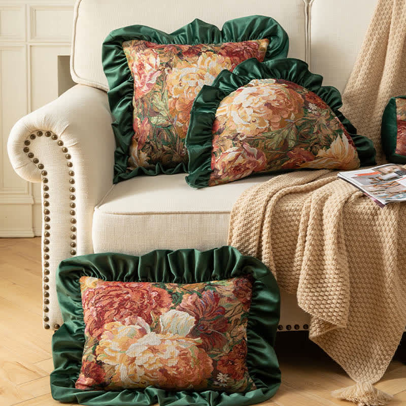 Oil Painting Peony Ruffled Throw Pillow for Sofa & Bed | Floral Decorative Cushion | Vintage Country Accent Pillow