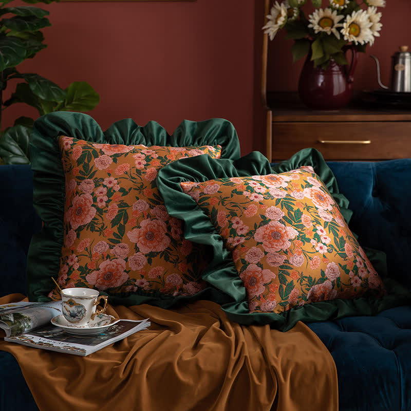 Vintage Floral Jacquard Ruffled Throw Pillow for Sofa & Bed | Decorative Floral Cushion | Elegant Accent Pillow 50x50cm
