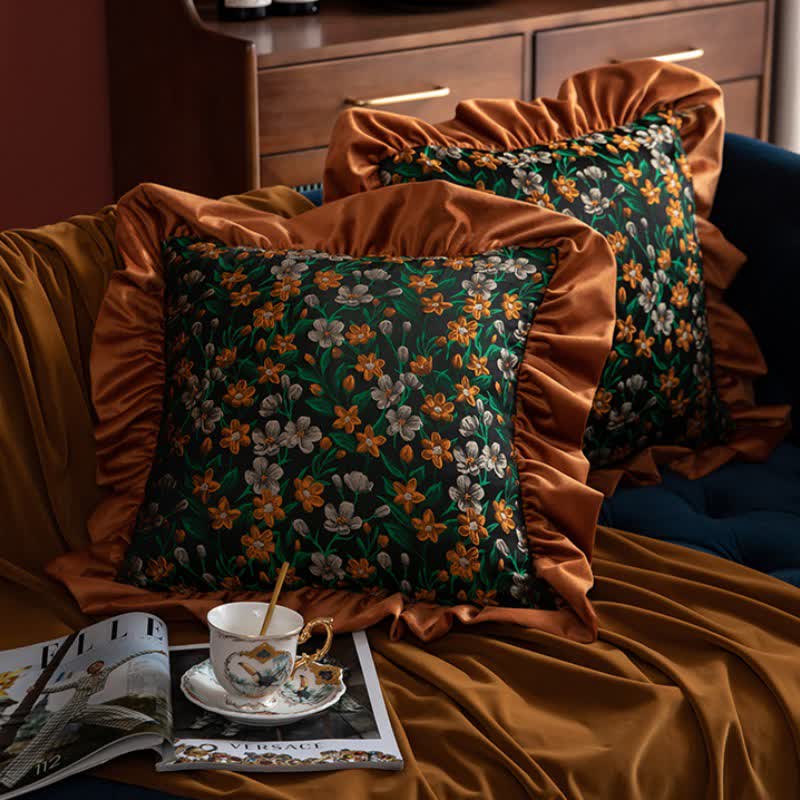 Retro Floral Ruffled Throw Pillow for Sofa & Bed | Vintage Leaf Cushion | Decorative Accent Pillow 50x50cm