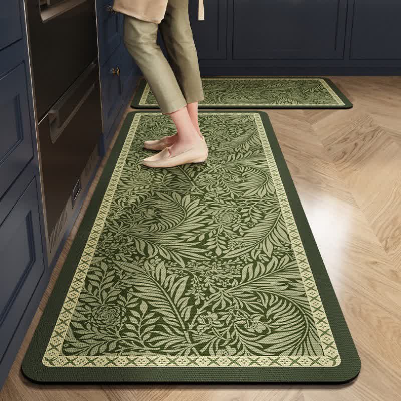 Botanical Leaf Pattern Kitchen Rug | Absorbent Non-Slip Diatom Mud Floor Mat | Vintage Country Kitchen Runner | Rustic Home Décor