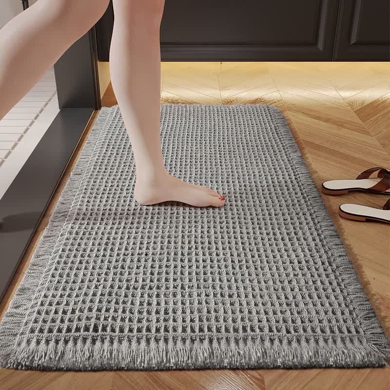 Minimalist Waffle Bath Mat | Soft Absorbent Tassel Bathroom Rug | Textured Non-Slip Style Polyester Bath Carpet | Modern Bathroom Décor