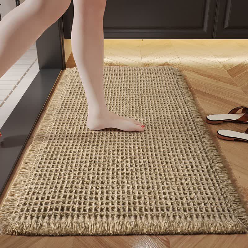 Minimalist Waffle Bath Mat | Soft Absorbent Tassel Bathroom Rug | Textured Non-Slip Style Polyester Bath Carpet | Modern Bathroom Décor