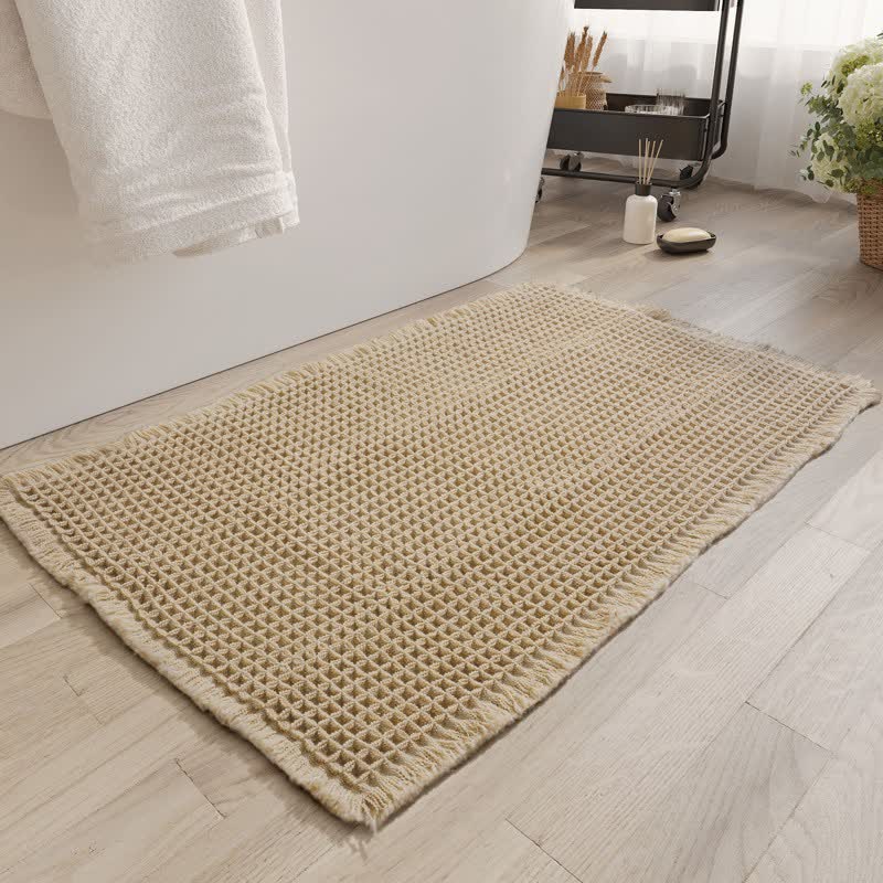Minimalist Waffle Bath Mat | Soft Absorbent Tassel Bathroom Rug | Textured Non-Slip Style Polyester Bath Carpet | Modern Bathroom Décor