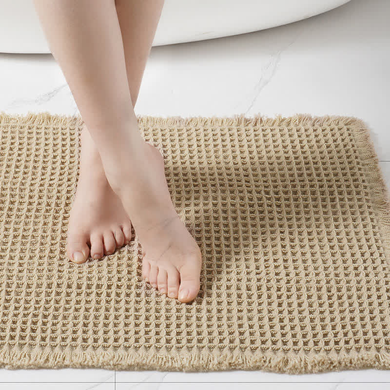 Minimalist Waffle Bath Mat | Soft Absorbent Tassel Bathroom Rug | Textured Non-Slip Style Polyester Bath Carpet | Modern Bathroom Décor