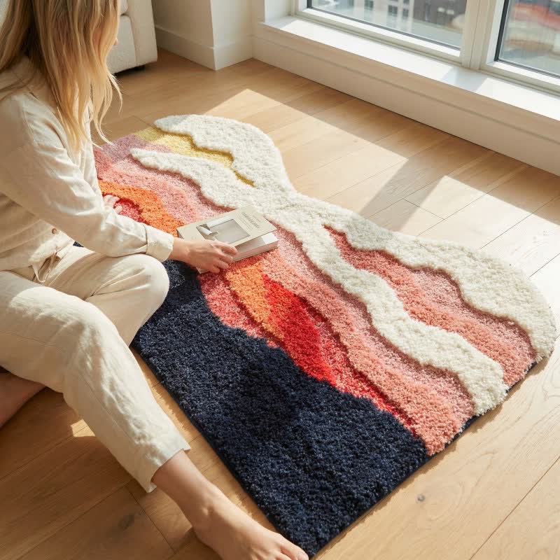 Abstract Wave Shaped Flocked Area Rug | Soft Non-Slip Polyester Floor Carpet | Modern Artistic Living Room Bedroom Rug  2. Optimized Descr