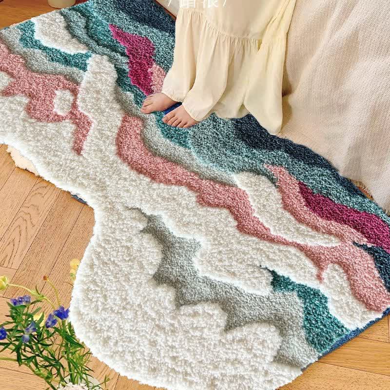 Abstract Wave Shaped Flocked Area Rug | Soft Non-Slip Polyester Floor Carpet | Modern Artistic Living Room Bedroom Rug  2. Optimized Descr