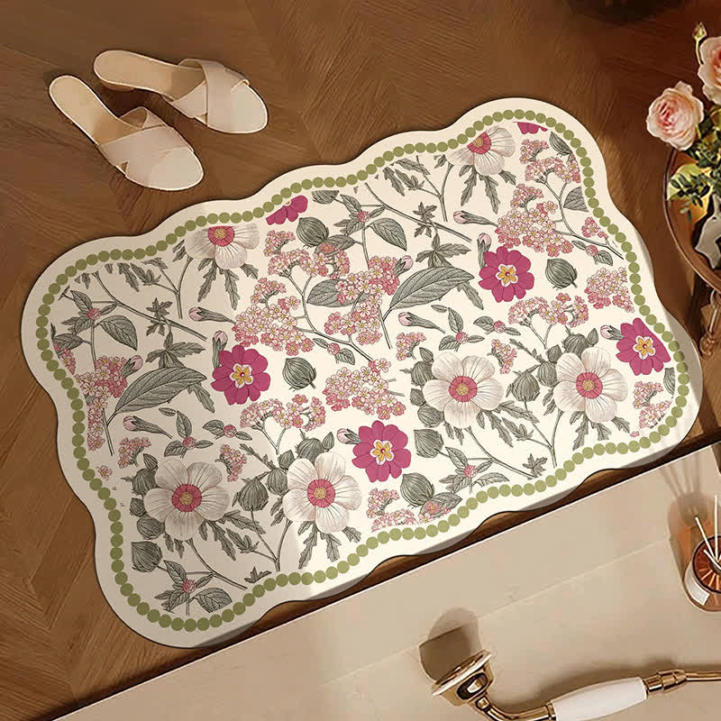 Vintage Floral Diatom Mud Bath Mat | Absorbent Non-Slip Bathroom Rug | Quick-Dry Soft Bath Carpet with French Style Design