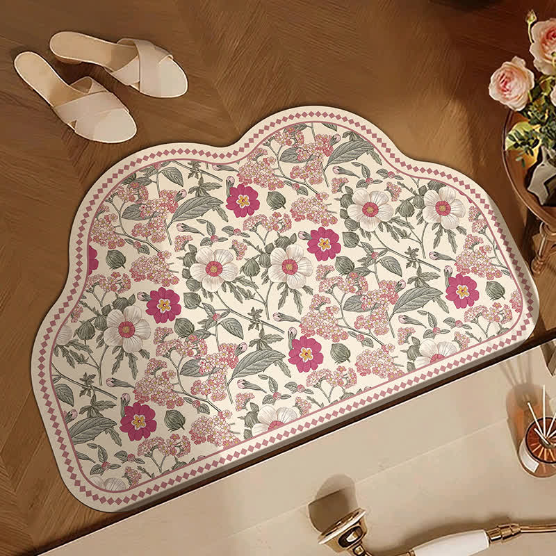 Vintage Floral Diatom Mud Bath Mat | Absorbent Non-Slip Bathroom Rug | Quick-Dry Soft Bath Carpet with French Style Design