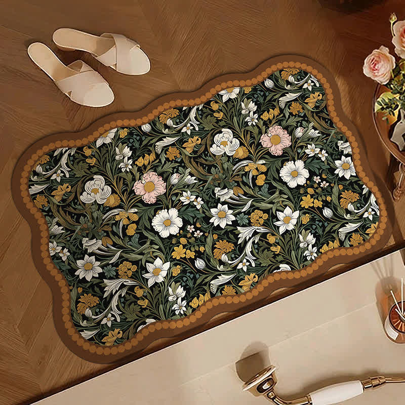 Art-Inspired Floral Diatom Mud Bath Mat | Ultra Absorbent Non-Slip Bathroom Rug | Scalloped Edge Quick-Dry Floor Mat