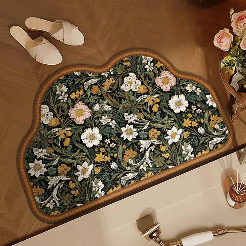 Art-Inspired Floral Diatom Mud Bath Mat | Ultra Absorbent Non-Slip Bathroom Rug | Scalloped Edge Quick-Dry Floor Mat
