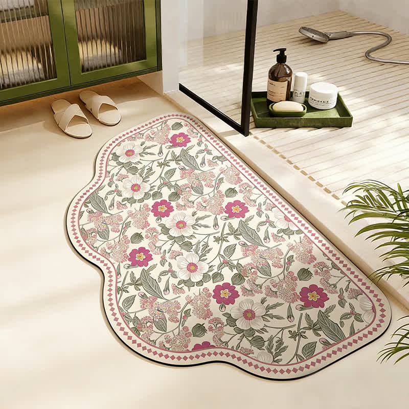 Vintage Floral Diatom Mud Bath Mat | Absorbent Non-Slip Bathroom Rug | Quick-Dry Soft Bath Carpet with French Style Design