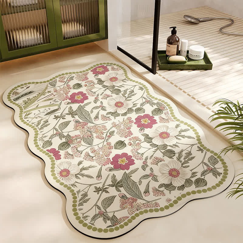 Vintage Floral Diatom Mud Bath Mat | Absorbent Non-Slip Bathroom Rug | Quick-Dry Soft Bath Carpet with French Style Design