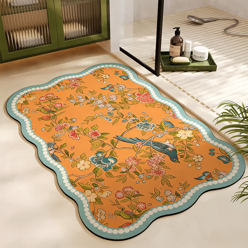 Oriental Floral Bird Diatom Mud Bath Mat | Quick-Dry Non-Slip Bathroom Rug | Soft Absorbent Bath Carpet with Vintage Chinoiserie Design