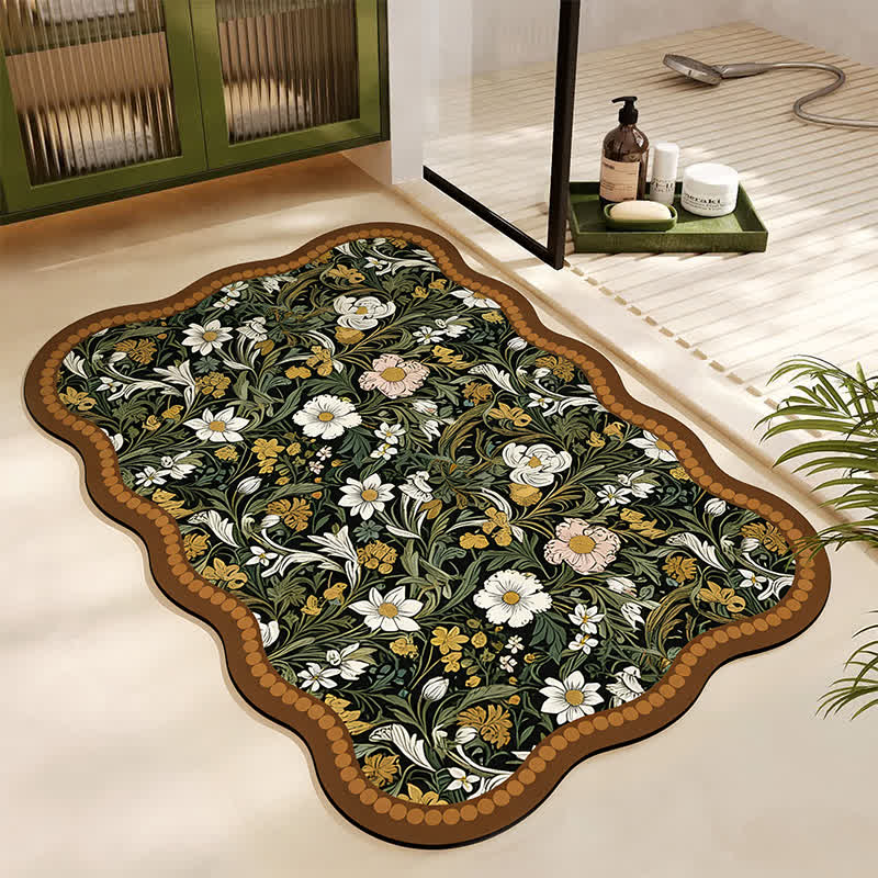 Art-Inspired Floral Diatom Mud Bath Mat | Ultra Absorbent Non-Slip Bathroom Rug | Scalloped Edge Quick-Dry Floor Mat