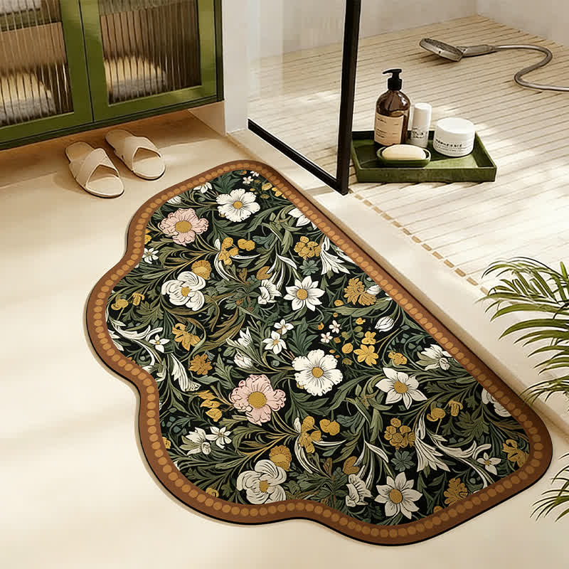Art-Inspired Floral Diatom Mud Bath Mat | Ultra Absorbent Non-Slip Bathroom Rug | Scalloped Edge Quick-Dry Floor Mat